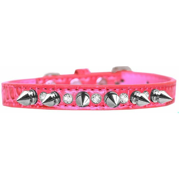 Mirage Pet Products Silver Spike & Clear Jewel Croc Dog CollarBright Pink Size 14 720-17 BPKC14